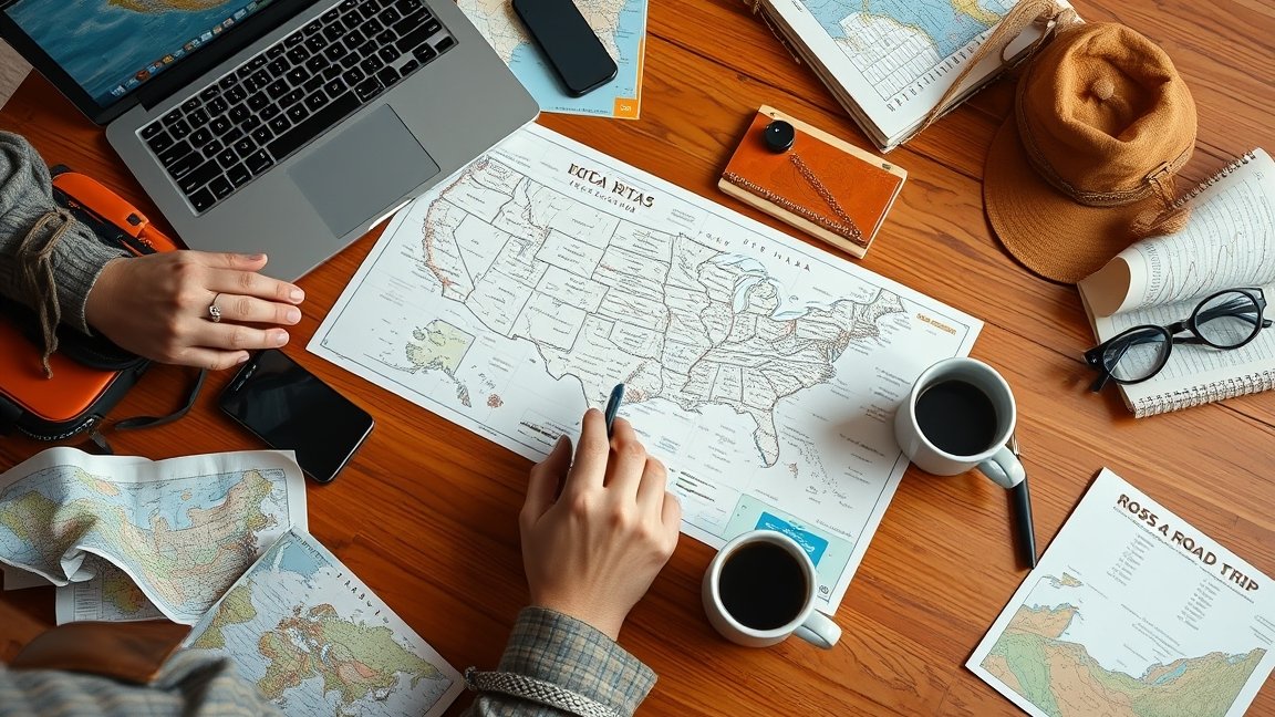 Utazás tervezése amerikai körutazásra térképpel és számítógéppel.