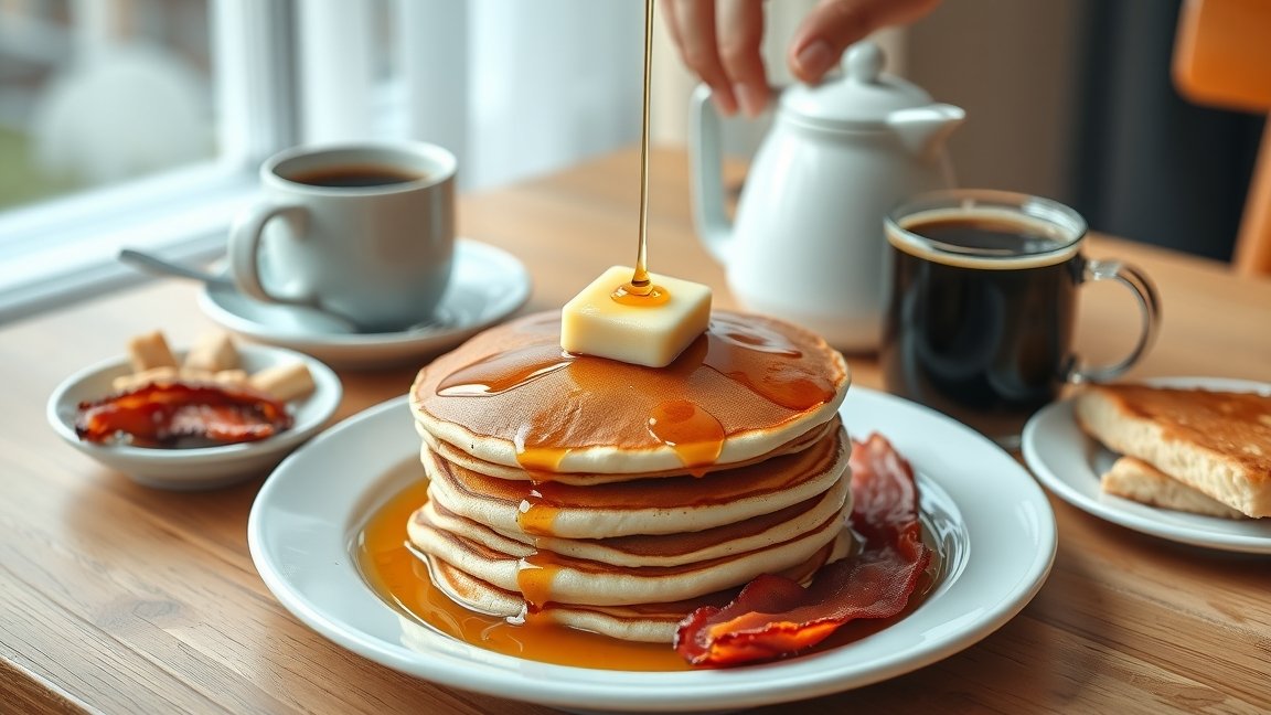 Amerikai palacsinta reggeli sziruppal és kávéval