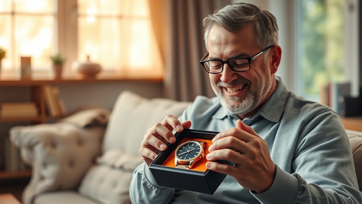 Boldog apa ajándékoz egy karórát apák napján.