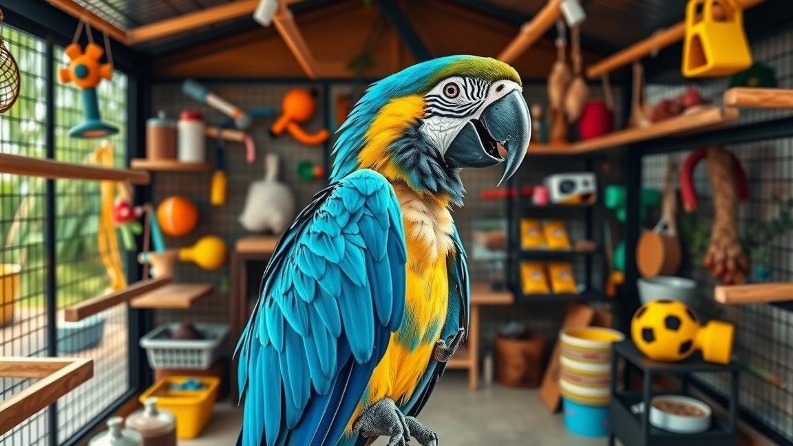 Ara papagáj a kalitkájában, színes játékokkal körülvéve.