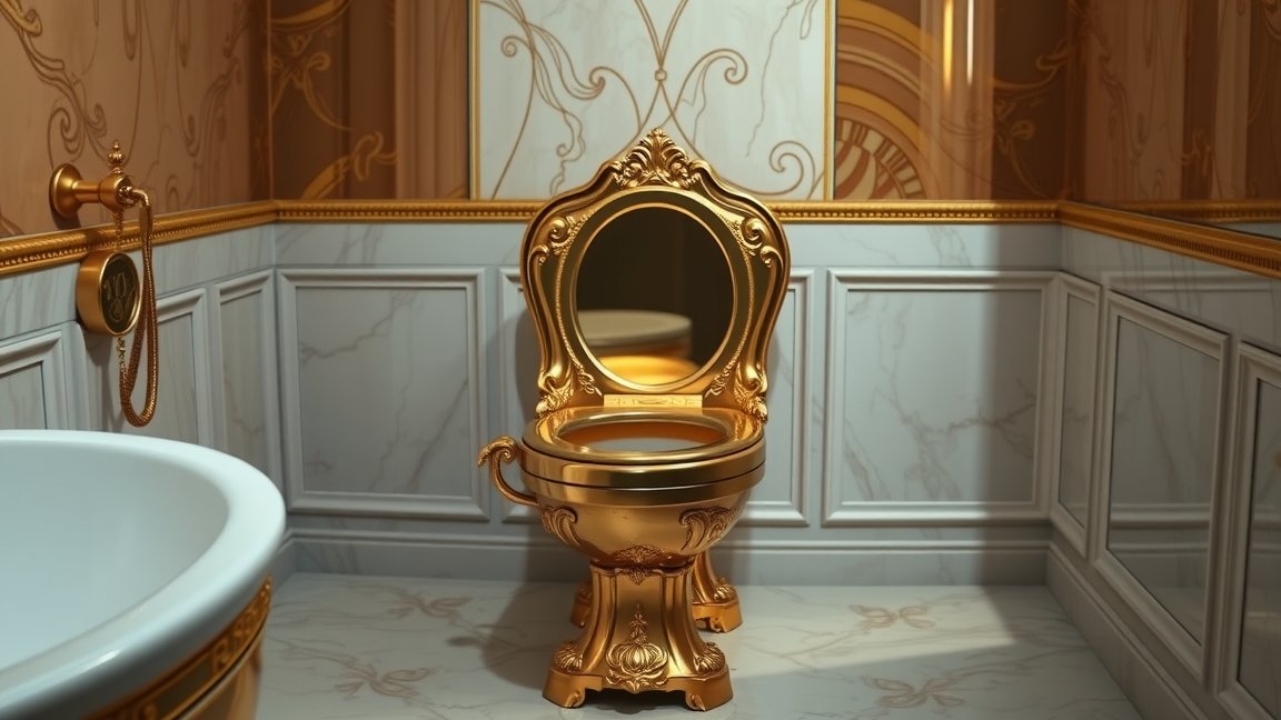 Luxus arany WC-csésze a fürdőszobában, elegáns designnal.
