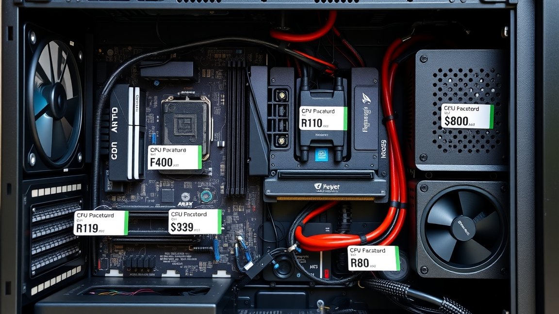 Asztali PC alkatrészek belső nézete összeszerelés közben.