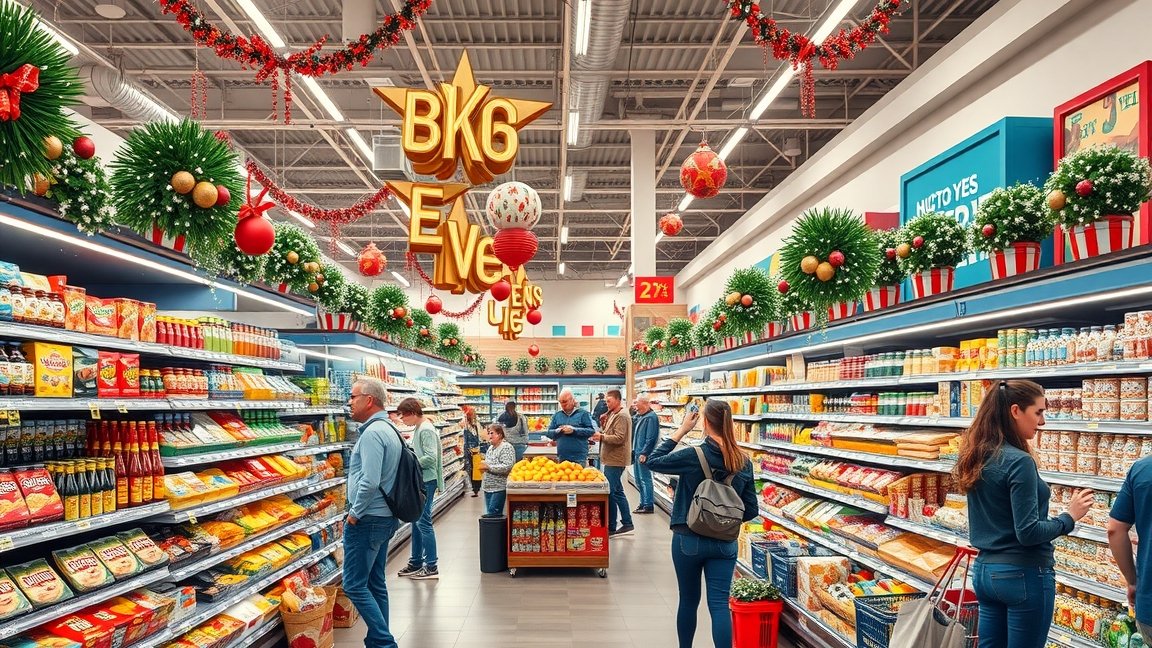 Szilveszteri bevásárlás ünnepi dekorációval egy boltban