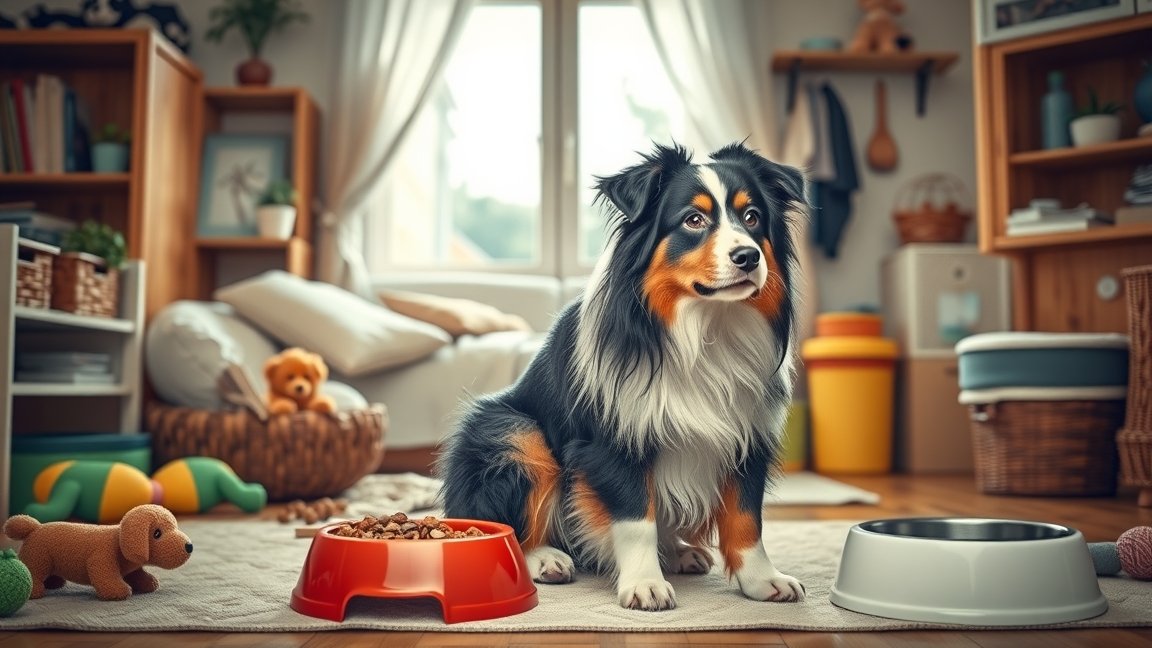 Ausztrál juhászkutya otthoni környezetben, élelmiszerbögrékkel