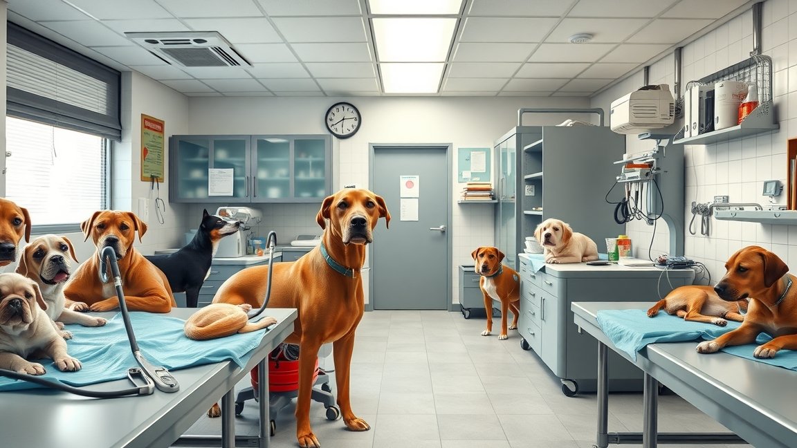 Különböző kutyák az állatkórházban ellátás alatt.
