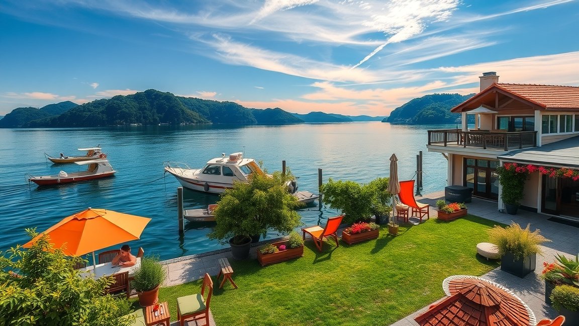 Gyönyörű balatoni nyaraló a vízparton, hajókkal és napernyővel