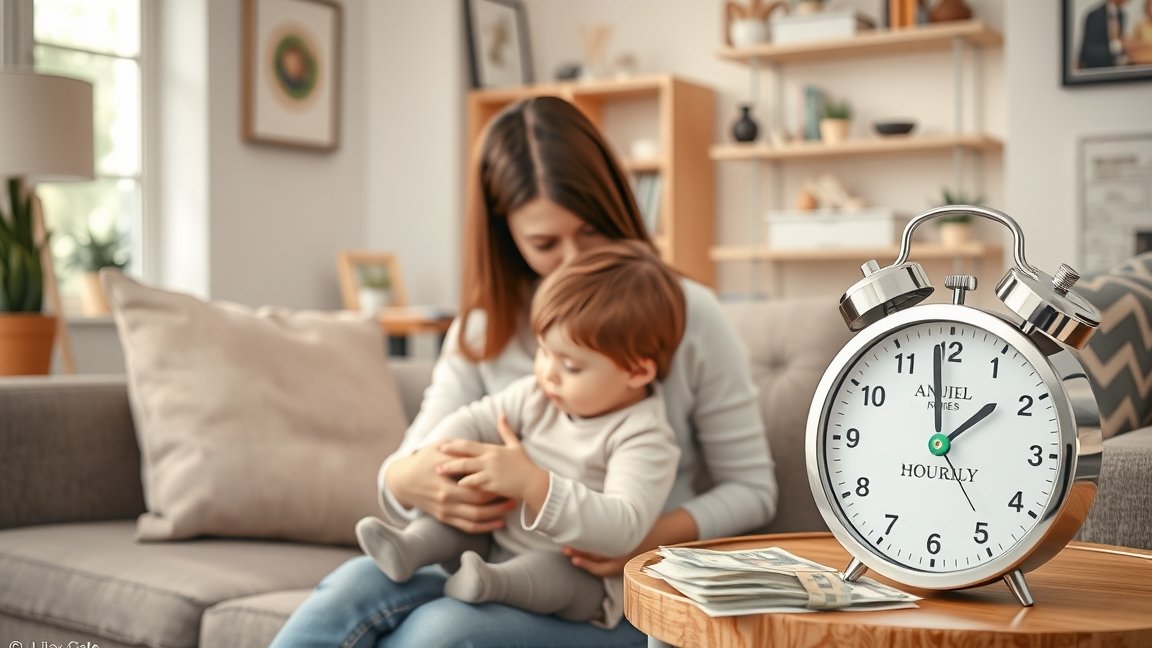 Bébiszitter és gyermek a kanapén, órával és pénzzel az asztalon.