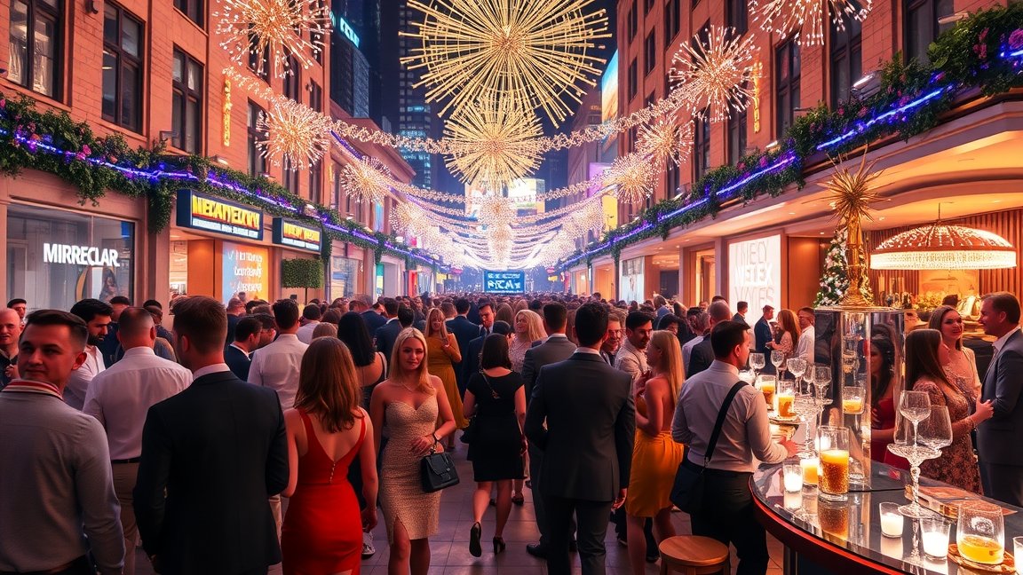 Belvárosi szilveszteri buli tömeg a díszkivilágítás alatt