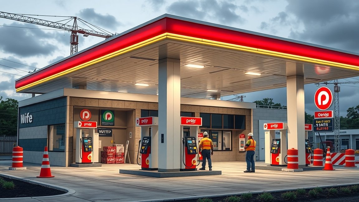 Új benzinkút építése, alkalmazottakkal és töltőoszlopokkal.