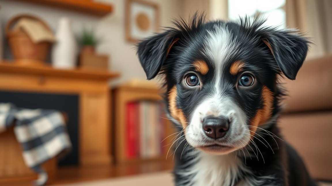 Kölyök border collie kutya otthon egy barátságos környezetben.