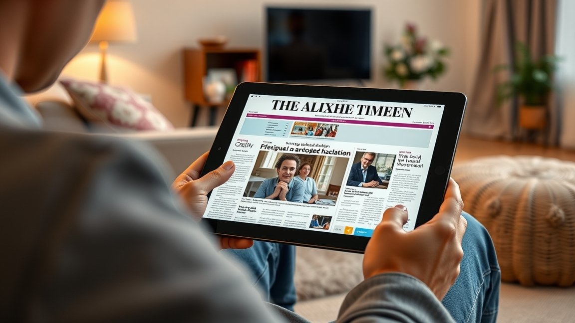 Férfi digitális újságot olvas egy tableten otthoni környezetben