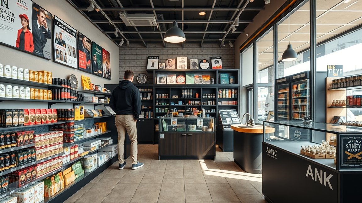 Dohánybolt belső tér, különböző termékek és vásárló.