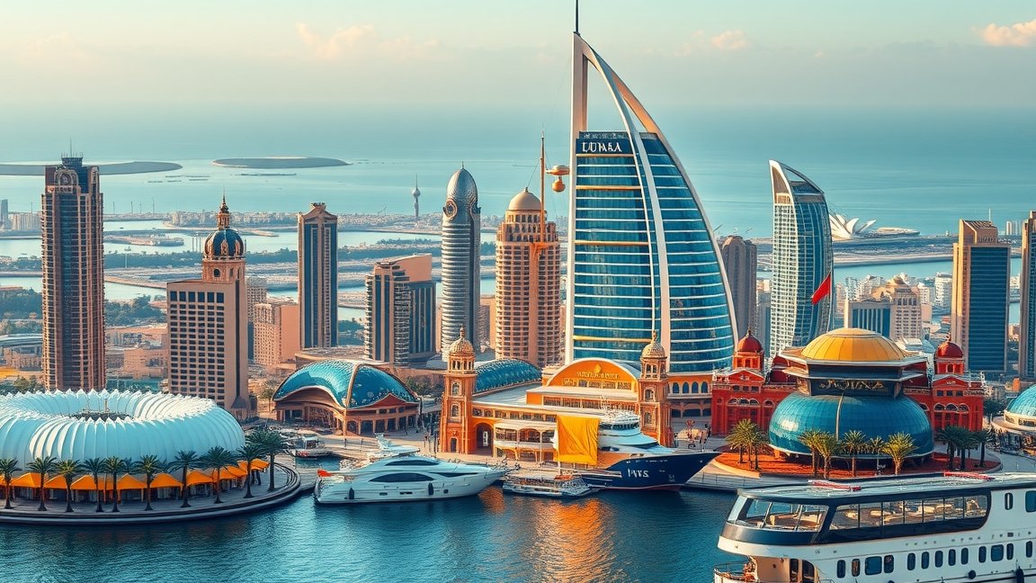 Dubaj látképe modern felhőkarcolókkal és kikötővel.