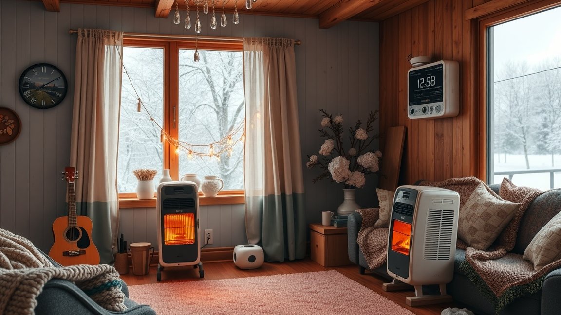 Téli elektromos fűtés otthon, meleg szobabelső télen.