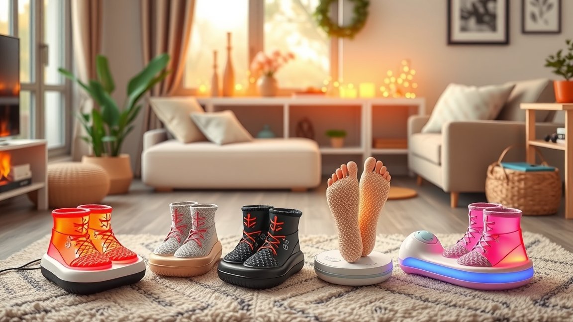 Elektromos lábmelegítők különböző modellekben és stílusokban otthoni környezetben.