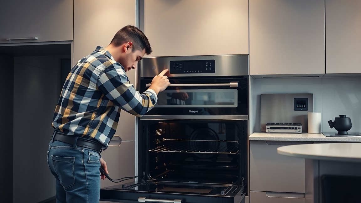 Fiatal férfi elektromos sütőt telepít egy modern konyhában.