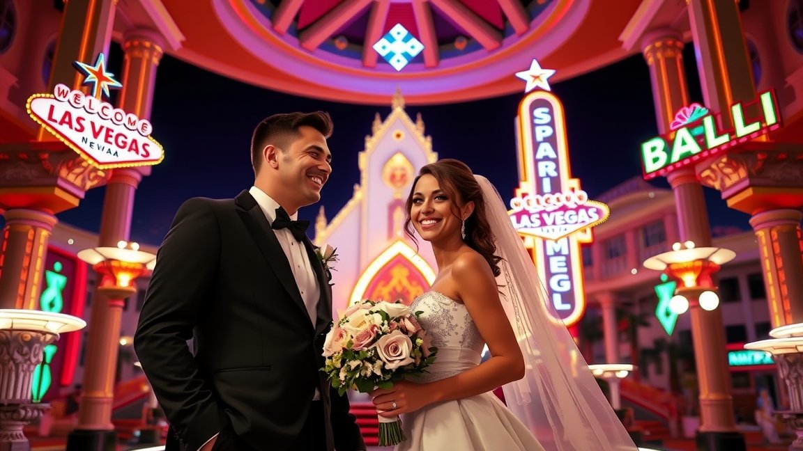Pár esküvői ruhában Las Vegas neonfényes hátterével
