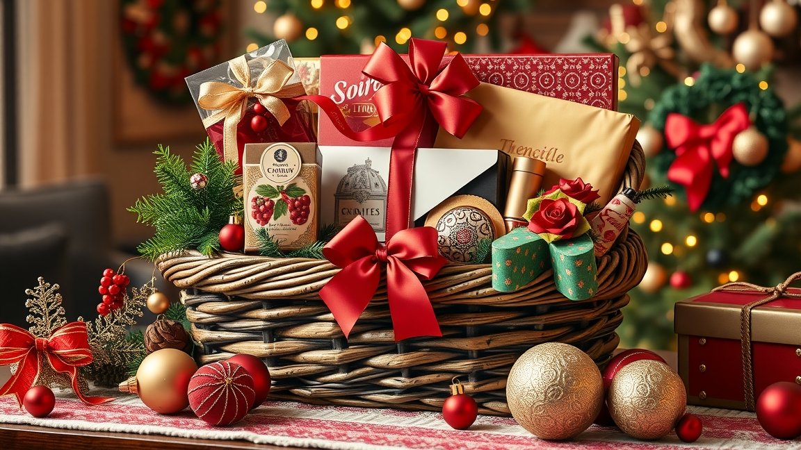 Karácsonyi ajándékkosár prémium termékekkel és díszítéssel.