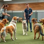 Kutyák engedelmességi tréning során a kutyaiskolában.