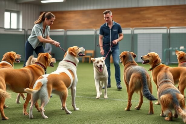 Kutyák engedelmességi tréning során a kutyaiskolában.