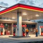 Új benzinkút építése, alkalmazottakkal és töltőoszlopokkal.