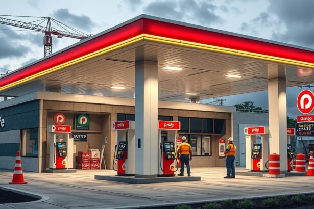 Új benzinkút építése, alkalmazottakkal és töltőoszlopokkal.