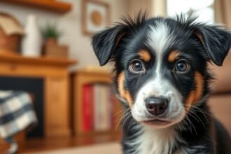 Kölyök border collie kutya otthon egy barátságos környezetben.