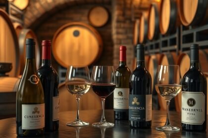 Borospince látogatás kóstolóval, különböző borokkal és poharakkal.