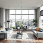 Modern budapesti albérlet nappali területe csodás kilátással.