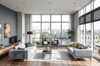 Modern budapesti albérlet nappali területe csodás kilátással.