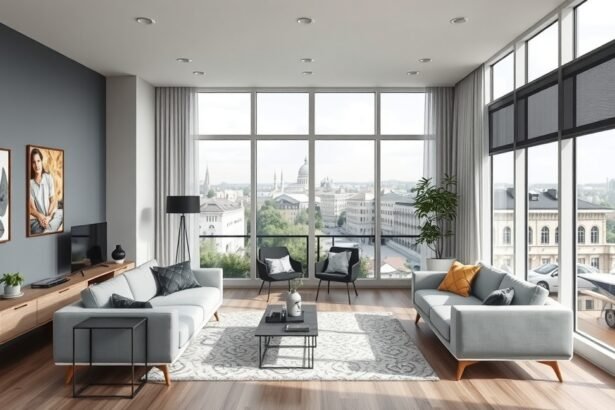 Modern budapesti albérlet nappali területe csodás kilátással.