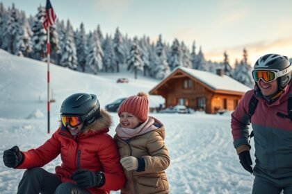 Családi síelés a téli tájban, boldog pillanatok a hóban.