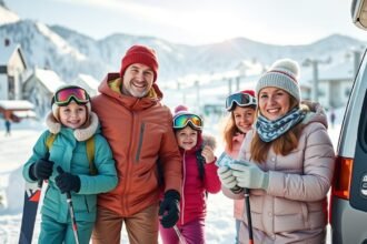 Családi síelés a hóban, készülve a kalandra.