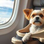 Egy kutya táskába helyezve repülőgépen az ablak mellett.