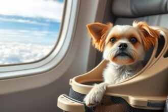 Egy kutya táskába helyezve repülőgépen az ablak mellett.