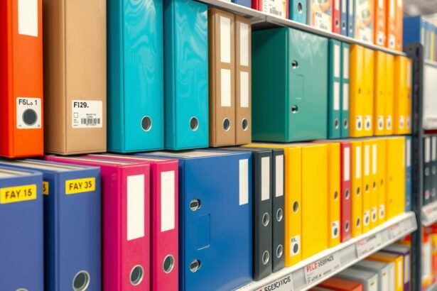 Színes iratrendező mappák egy bolt polcán