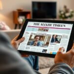 Férfi digitális újságot olvas egy tableten otthoni környezetben