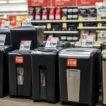 Különböző iratmegsemmisítők árakkal ellátva egy boltban.