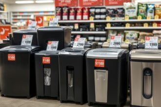 Különböző iratmegsemmisítők árakkal ellátva egy boltban.