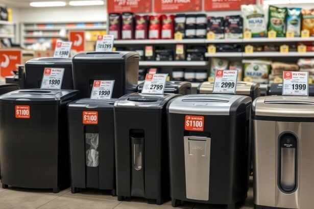 Különböző iratmegsemmisítők árakkal ellátva egy boltban.