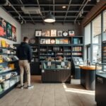 Dohánybolt belső tér, különböző termékek és vásárló.