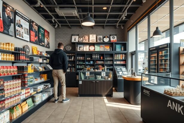 Dohánybolt belső tér, különböző termékek és vásárló.