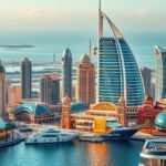 Dubaj látképe modern felhőkarcolókkal és kikötővel.