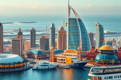 Dubaj látképe modern felhőkarcolókkal és kikötővel.