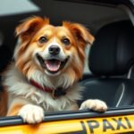 Kedves kutya egy taxiban, kész az utazásra.