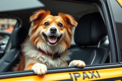 Kedves kutya egy taxiban, kész az utazásra.