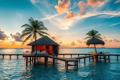 Egzotikus nászúti bungaló a tengerparton naplementében