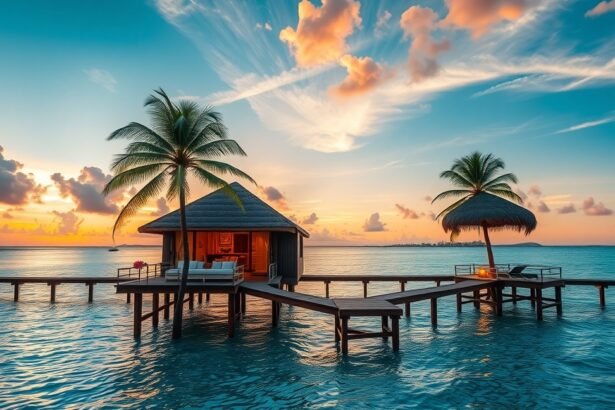 Egzotikus nászúti bungaló a tengerparton naplementében