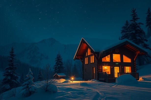 Hegyi menedékház éjszakai fényekben hóval borítva