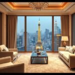 Luxus szálloda nappalija csodás kilátással a városra.